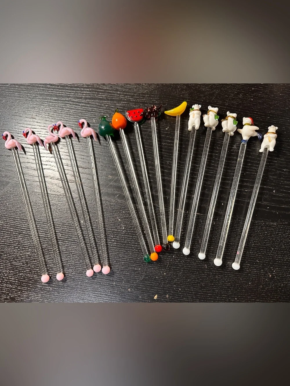 15 Vtg Hand Blown Glass Swizzle Sticks Cocktail Stirrers flamingo, fruit, bears